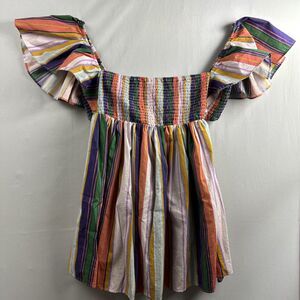 Anthropologie Tunic Top Womens Babydoll Striped Smocked Ruffled Sleeve size M